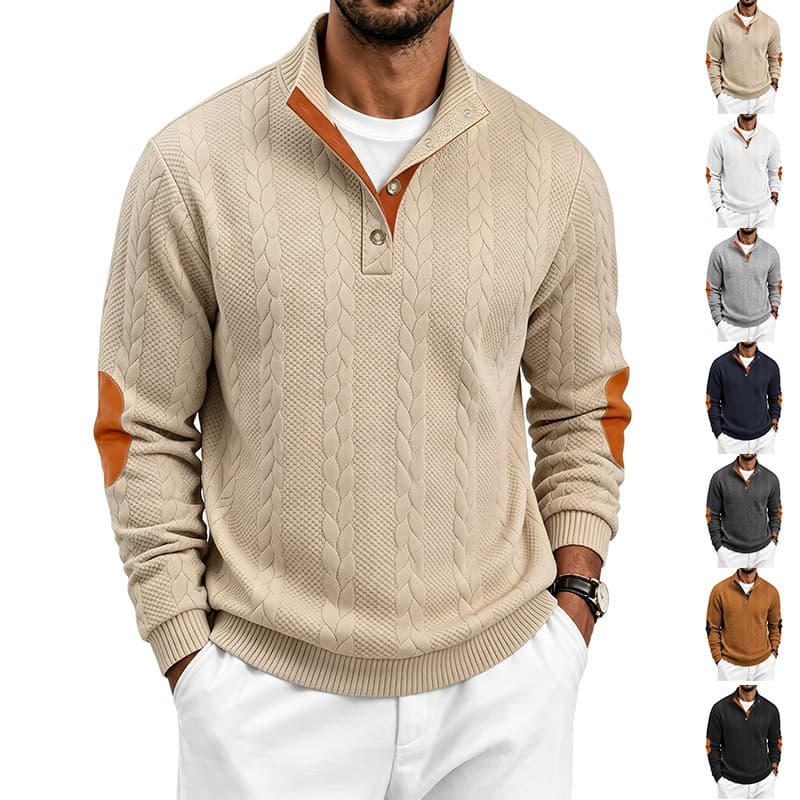 Cross-border European and American Amazon heavy jacquard men's sweatshirt, autumn and winter button-up stand-up collar patchwork Henry long-sleeve sweatshirt for men