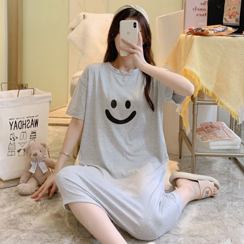 Cute Smiley Summer Pajamas Women's Short-sleeved Japanese-style Korean-style Loose Midi Dress Micro-business Online Celebrity Summer Home Clothes