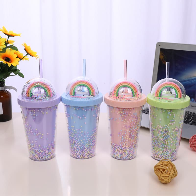 Manufacturer Wholesale New Creative Rainbow Plastic Water Cup Stylish Student Gift Cup Plastic Straw Cup Dropshipping