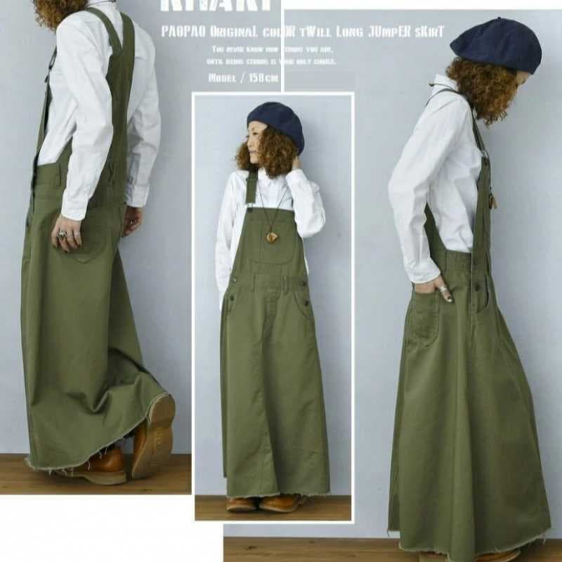 Japanese suspender dress 2026 new women's long skirt army green trendy pocket large skirt