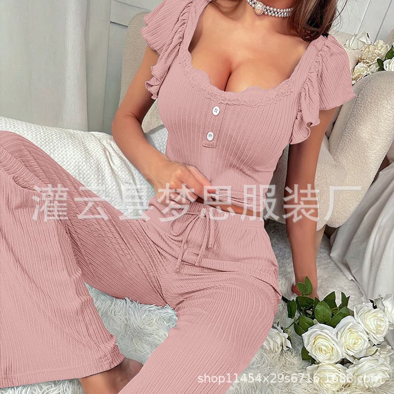 Cross-border AliExpress autumn and winter new women's home wear short-sleeved short-sleeved tops trousers casual pajamas set