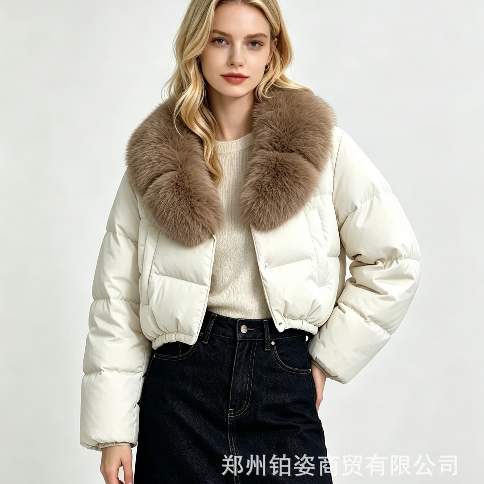 New Winter Women's Short Fashion Warm Quilted Down Coat with Oversized Faux Fox Fur Collar