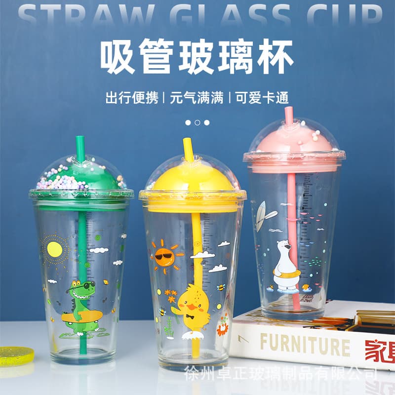 Cartoon Straw Glass Cup for Cold Drinks, Milk Tea, Milk, Water, Cute Summer Cup for Women, Trendy Student Cup