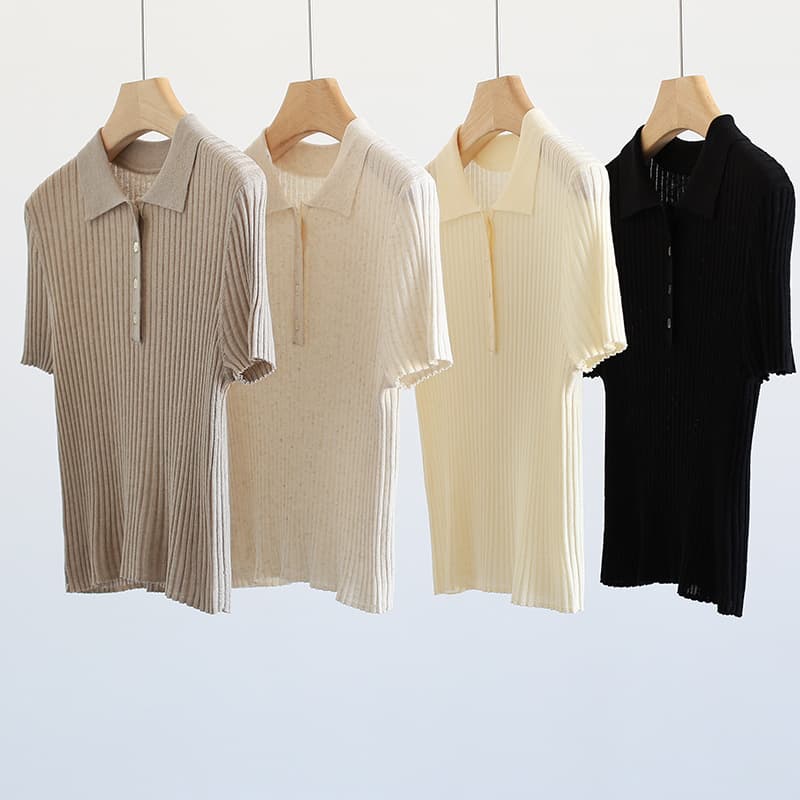Polo Collar Short Linen Knit Top, Summer Thin Half-Placket Pullover Turn-Collar Short Sleeve Blouse for Women 92303