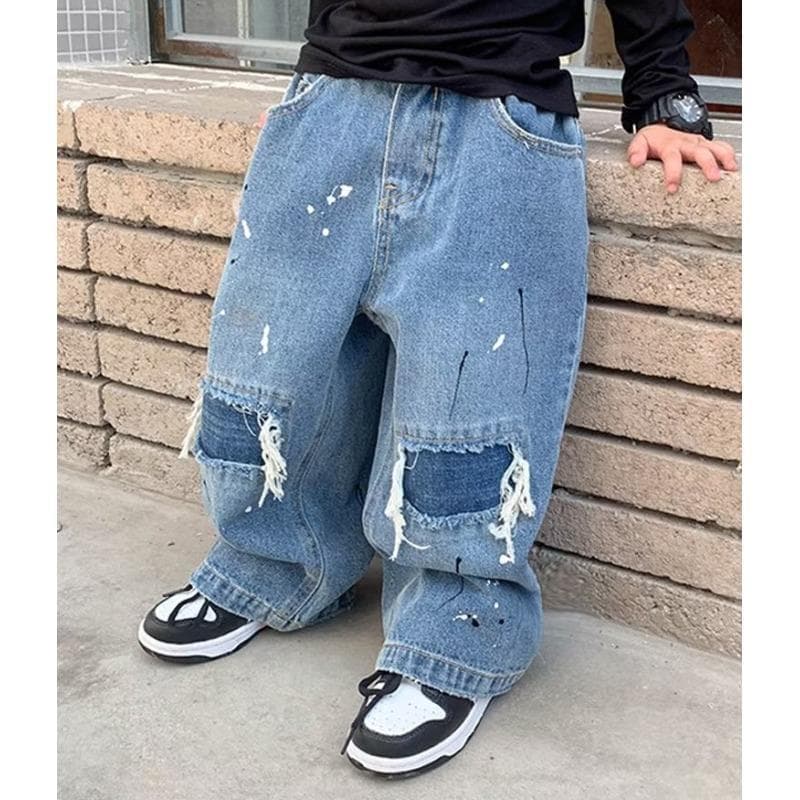 26 Spring/Summer New Children's Horse Brand Thin Straight Jeans for Boys and Girls Washed Distressed Denim Long Pants