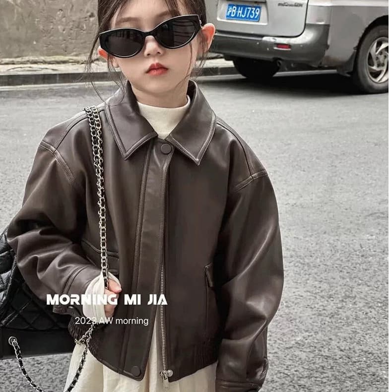 Spring/Autumn Girls Jacket Korean Style Faux Leather Coat for Kids Middle School Students Casual Outerwear