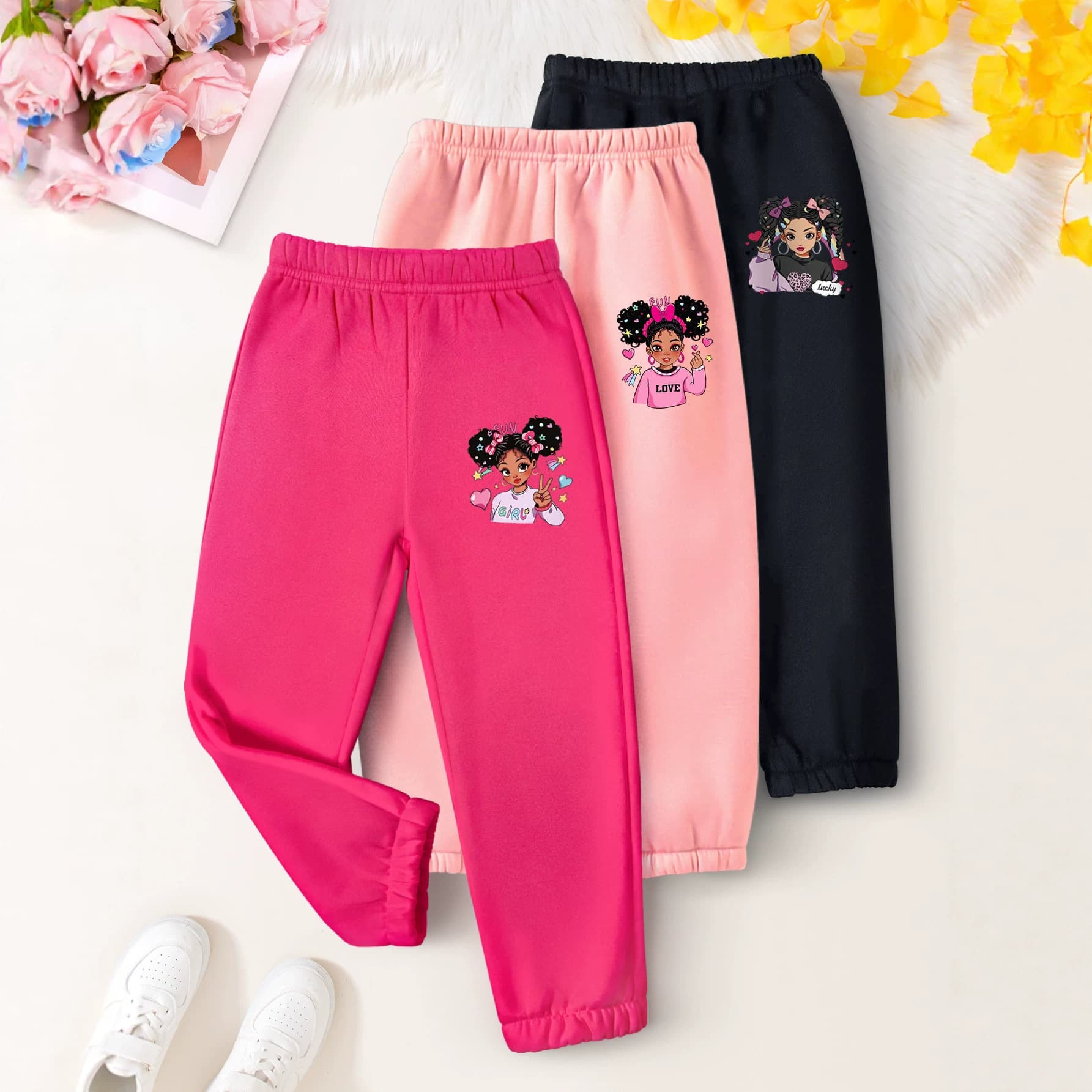 Girls' Cartoon Print Casual Pants Spring/Autumn Cotton Loose Long Pants Children's Sports Pants Pink Black Multiple Colors Available