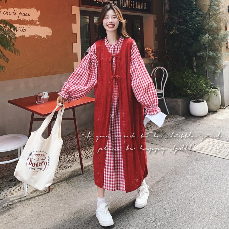 Anke La Red Plaid Overlay Dress Women's Spring Autumn Two-Piece Set Layered Fresh Japanese Style Shirt Dress