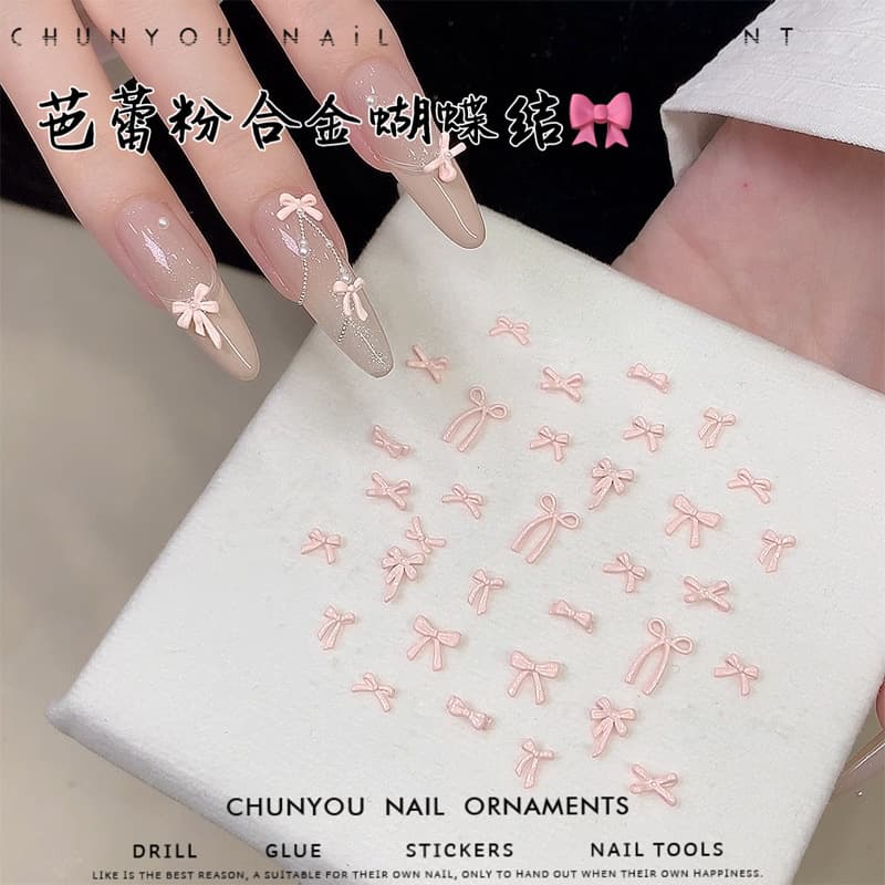 Pink Bow Nail Art Charms Alloy Rhinestone Ballet Pink Metal Nail Rhinestone Decor Ribbon Bow Nail Accessories Rhinestones