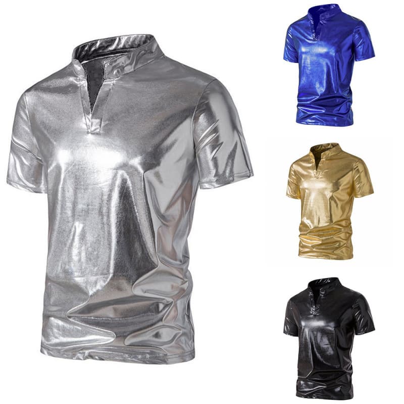 2023 New Export Nightclub Style Solid Color Foil Men's Casual Short Sleeve V-Neck T-Shirt Shiny Henley Collar Polo Shirt