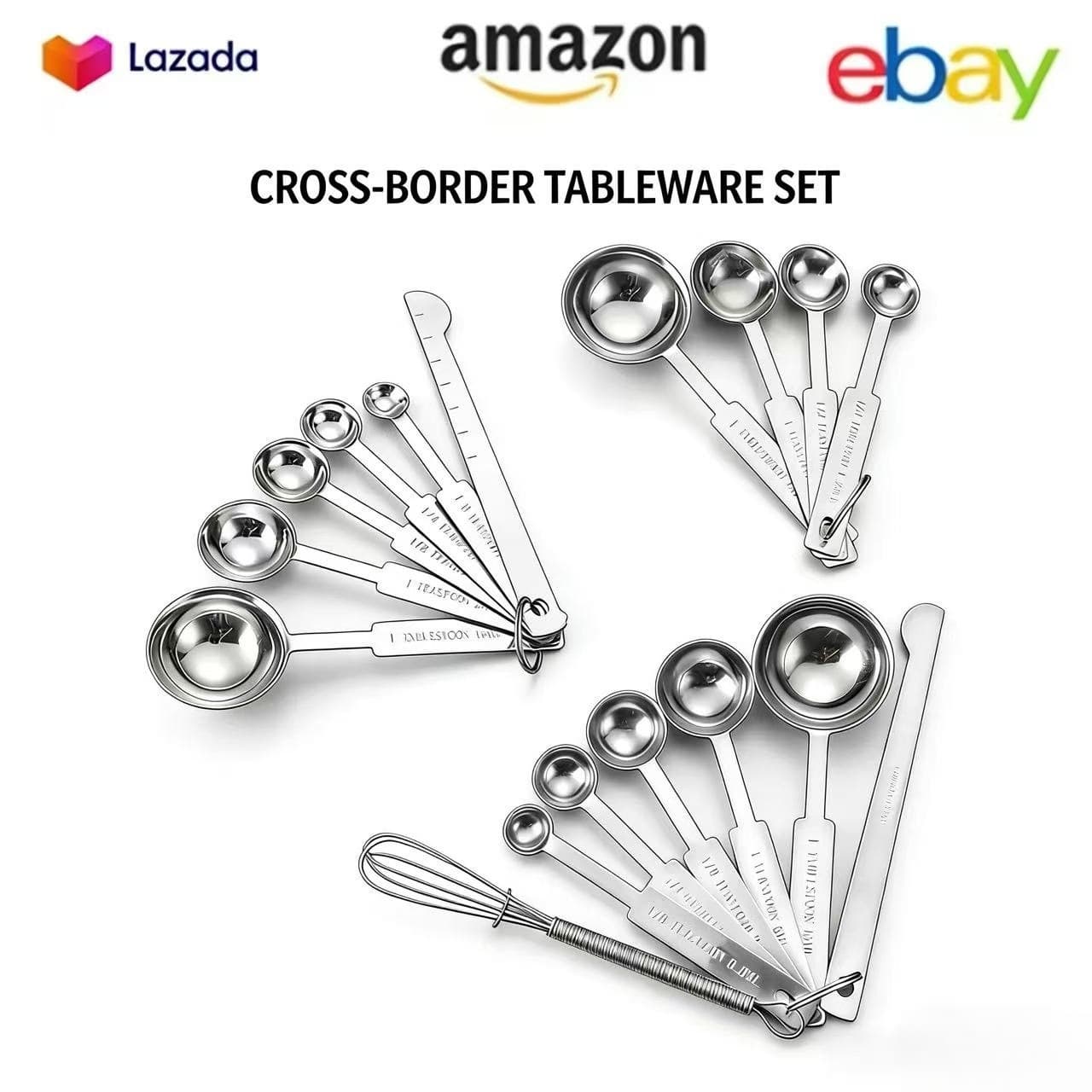 Cross-Border Stainless Steel Measuring Spoon and Cup Set, Kitchen Baking Tools with Measuring Scale and Seasoning Measuring Spoon