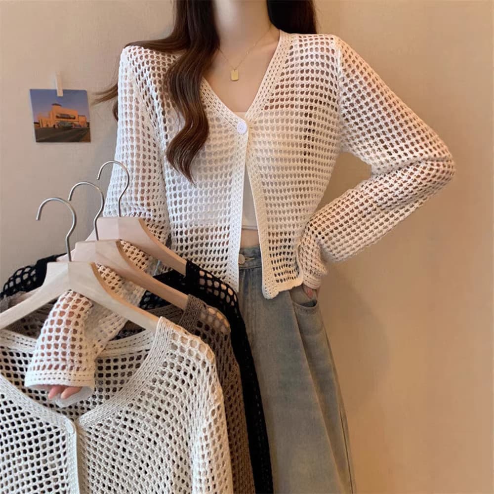 Summer New One-Button Hollow Knit Women's Cardigan Sun Protection Air Conditioning Wrap Beach Cover-Up