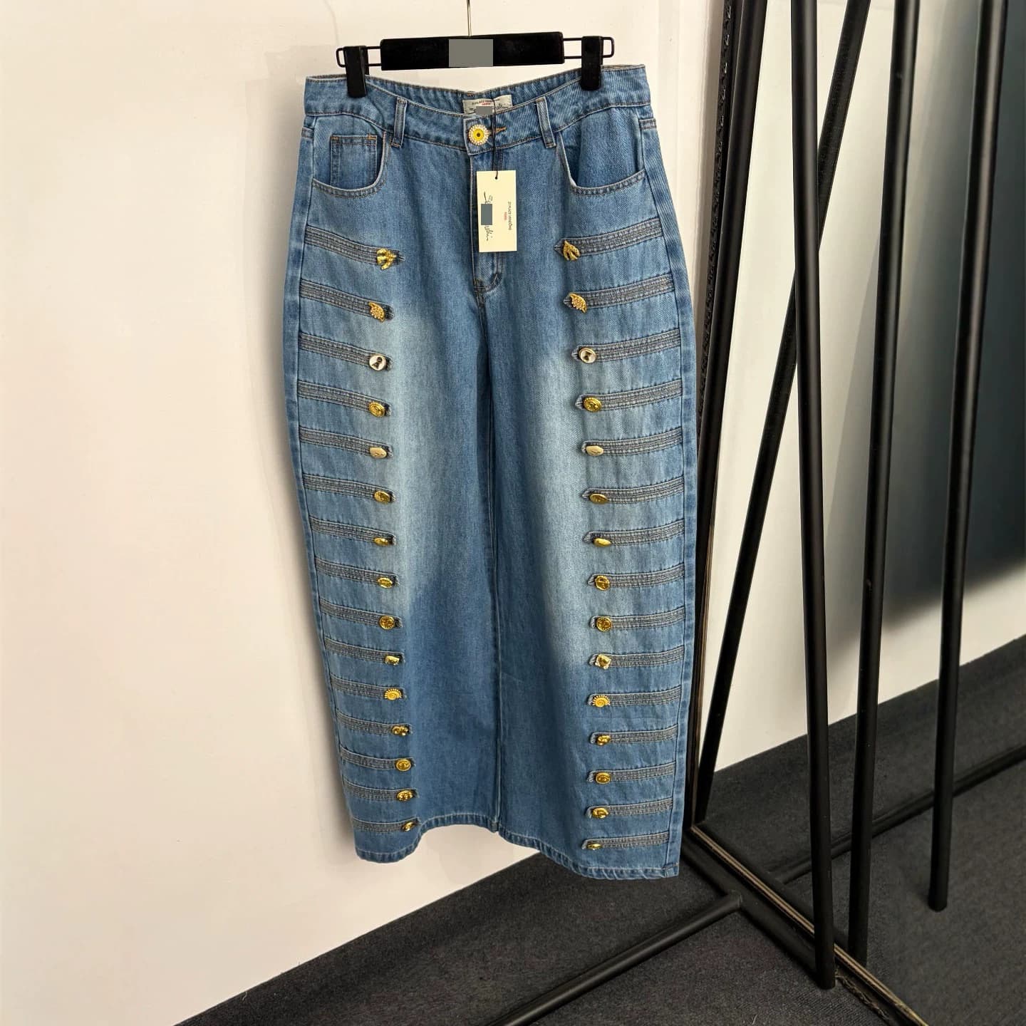 Nanyou High-End Export Style Dopamine Stitching Embroidered Double-Breasted Irregular Gold Buttons High-Waist Wide-Leg Denim Pants