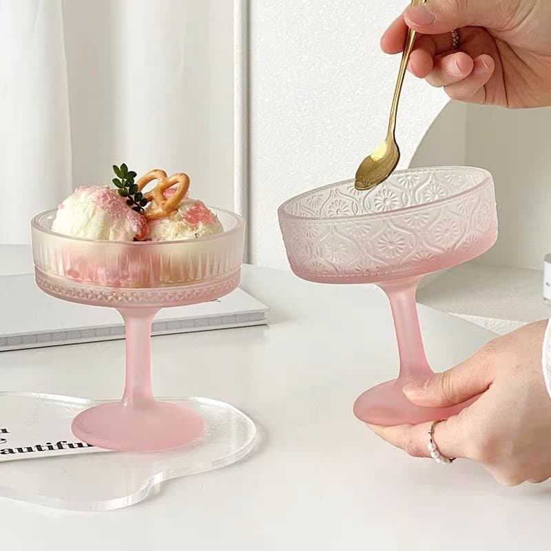 Frosted pink ice cream cup, beautiful embossed tall glass cup, dessert pudding ice cream affogato cup