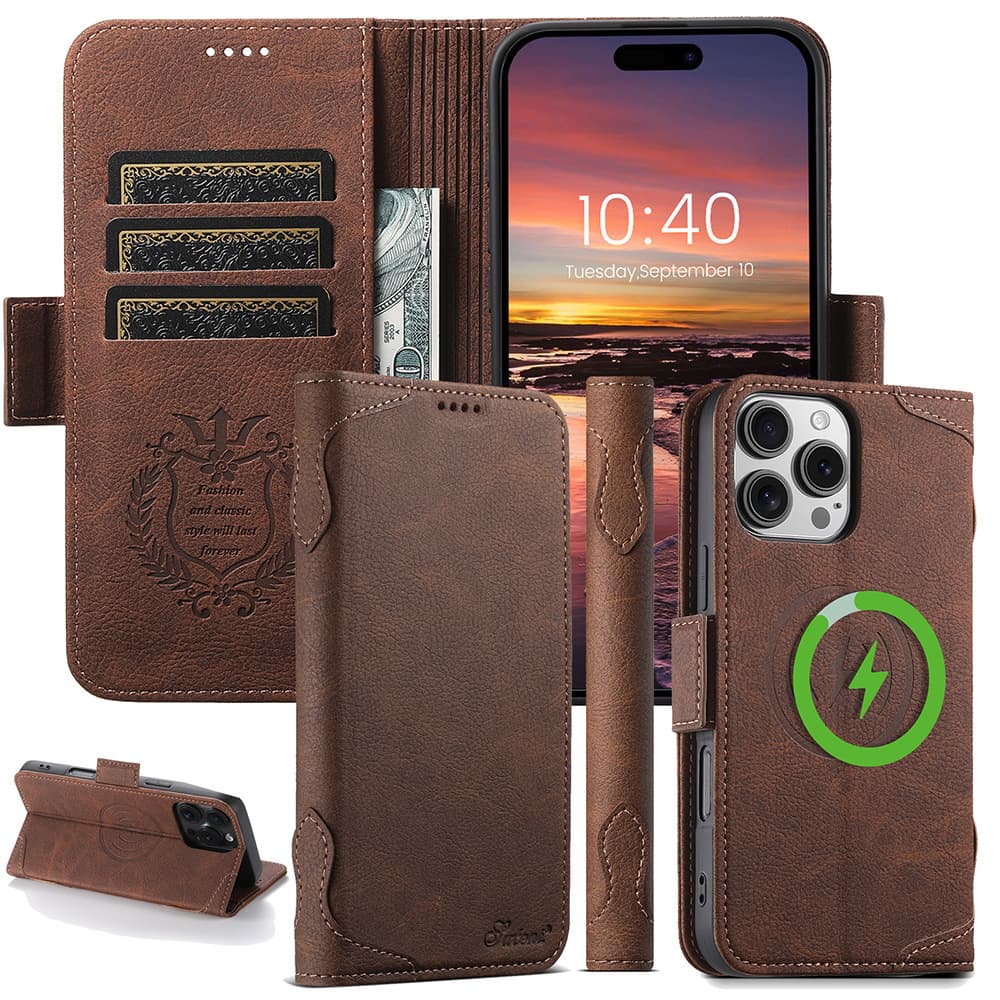 Flip Phone Case for iPhone 17 Pro, MagSafe Wireless Charging, Card Slot, Samsung Stand, Protective Leather Cover