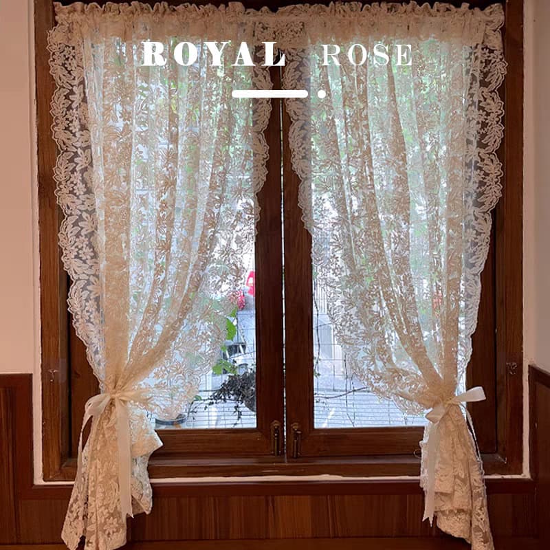 French Vintage Palace Style Lace Embroidery No-Drill Partition Half Curtain Cream Sheer Curtain Light-Permeable Bay Window Curtain