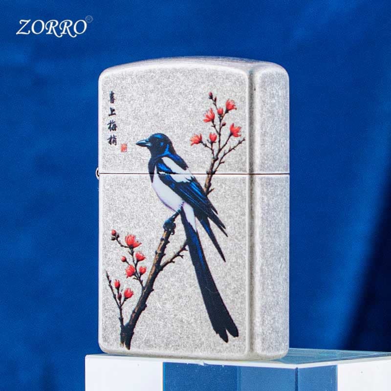 ZORRO Vintage Silver Magpie on Branch Kerosene Windproof Lighter Creative Valentine's Gift for Men Metal Durable