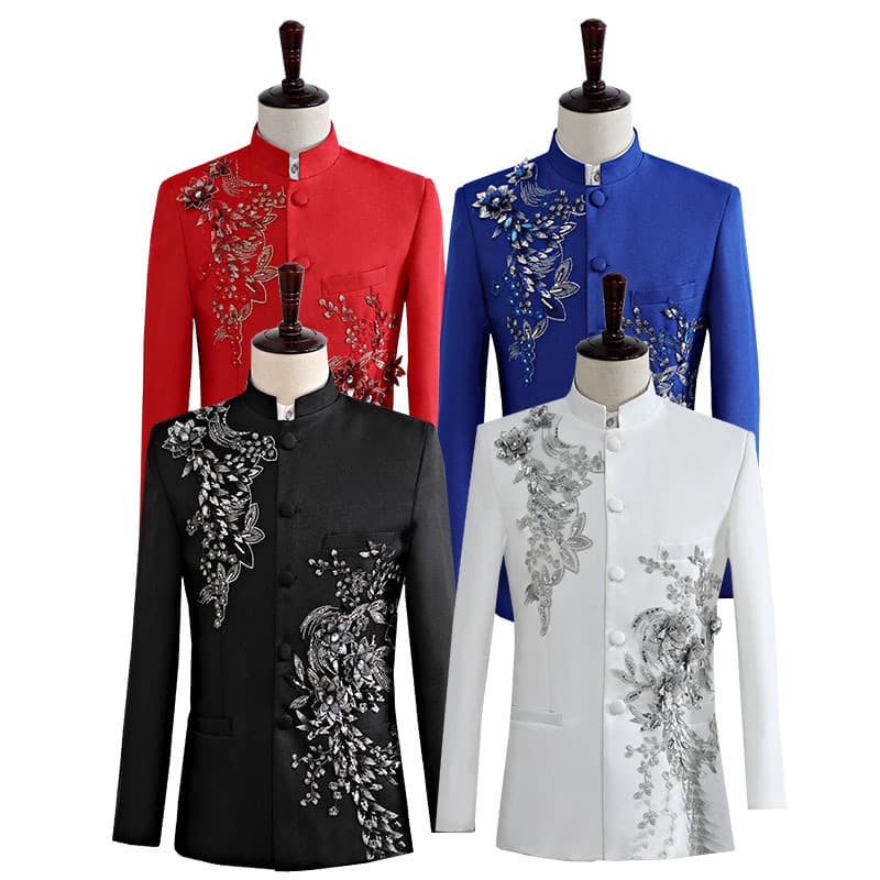 Men's tunic tunic singer stage chorus stand-up collar performance suit May 4th youth wear three-dimensional double-sided diamond