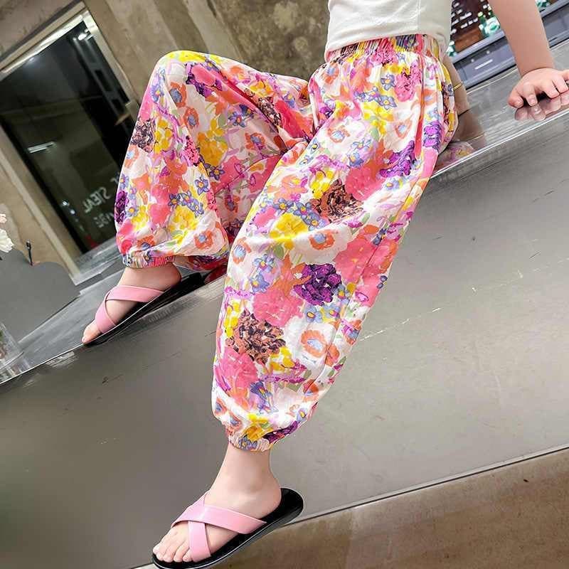 Girls' Thin Pants Summer 2026 New Mosquito Repellent Pants Baby Girl Fashionable Beach Pants Floral Lantern Pants Pink