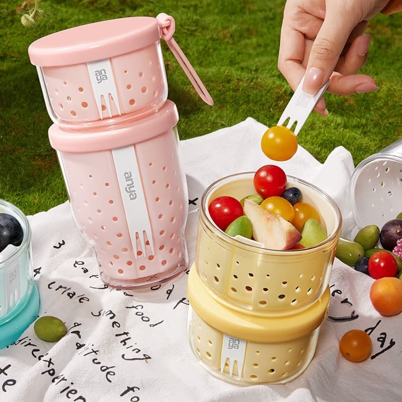 Fruit Cup Bento Box Storage Container Portable Salad Bowl with Drain Basket Food-Grade Fresh-Keeping Box for Refrigerator