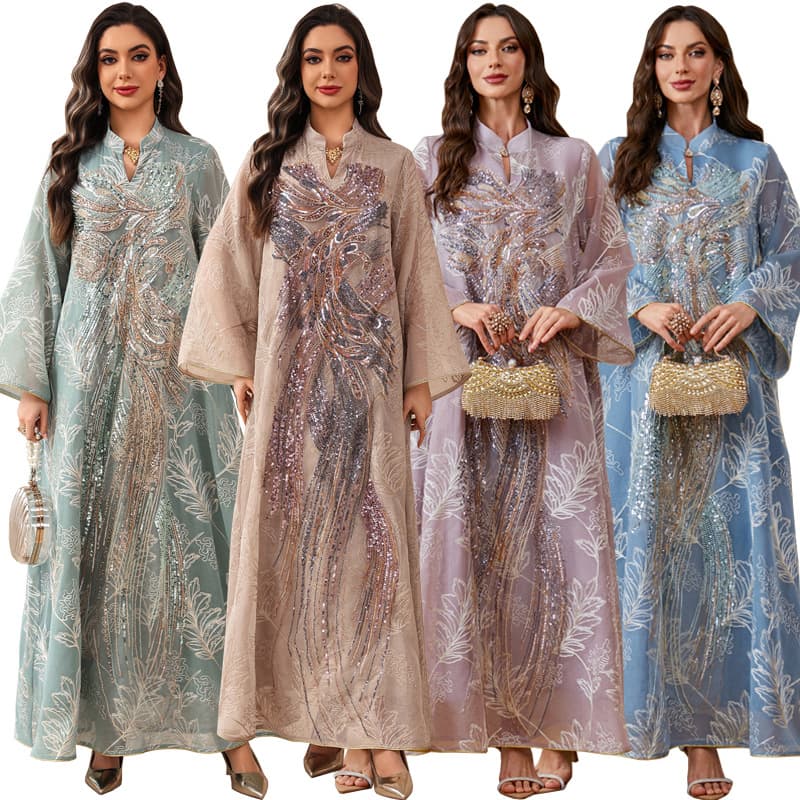 AB556 New Mesh Embroidery Long Dress with Beaded Applique, Fashionable Pullover Elegant Lady Dress