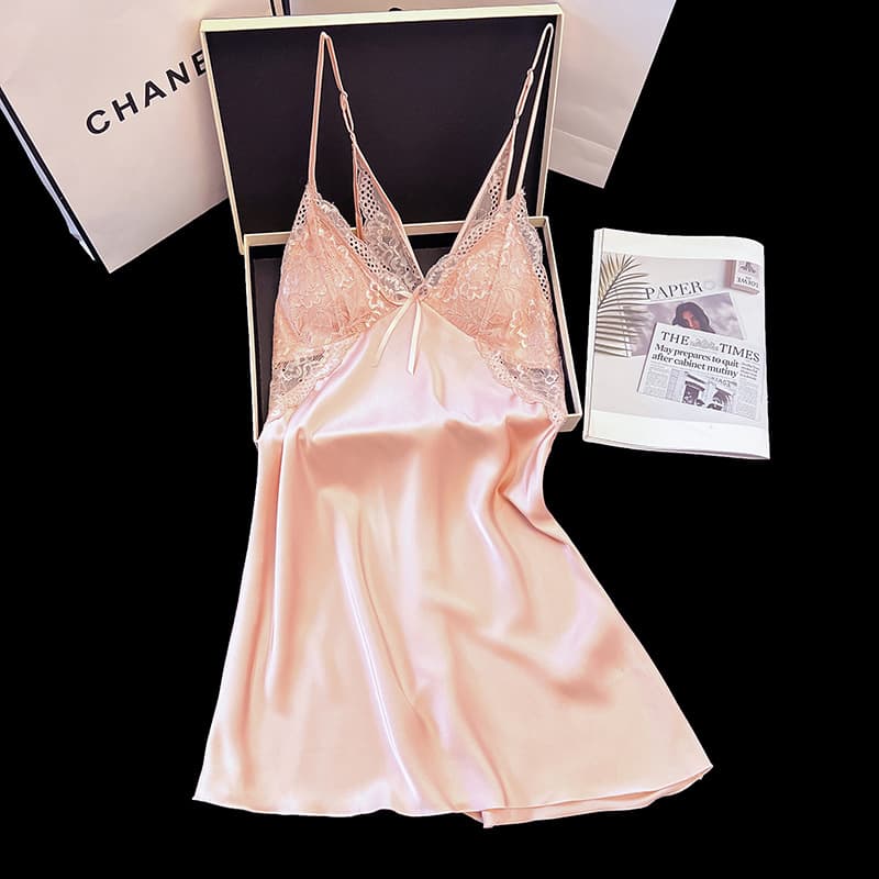 Sexy Nightgown for Women Summer Ice Silk New with Padded Cups Lace High-End Backless Spring Summer Camisole Sleep Dress