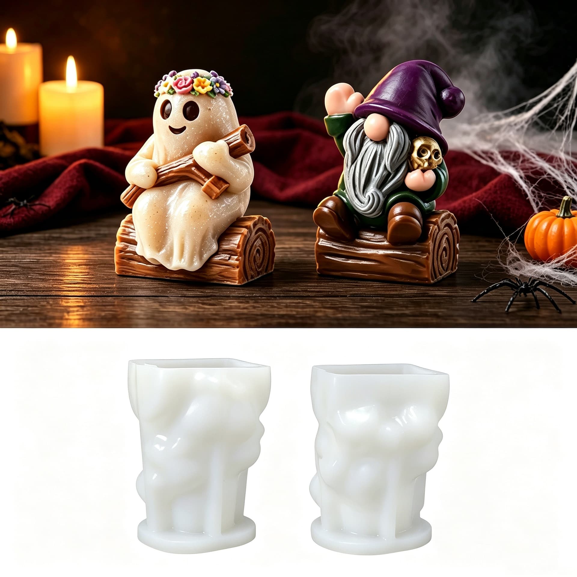 Halloween Decoration DIY Ghost Dwarf Sitting on Wood Stump Silicone Candle Mold Plaster Mold Resin Mold