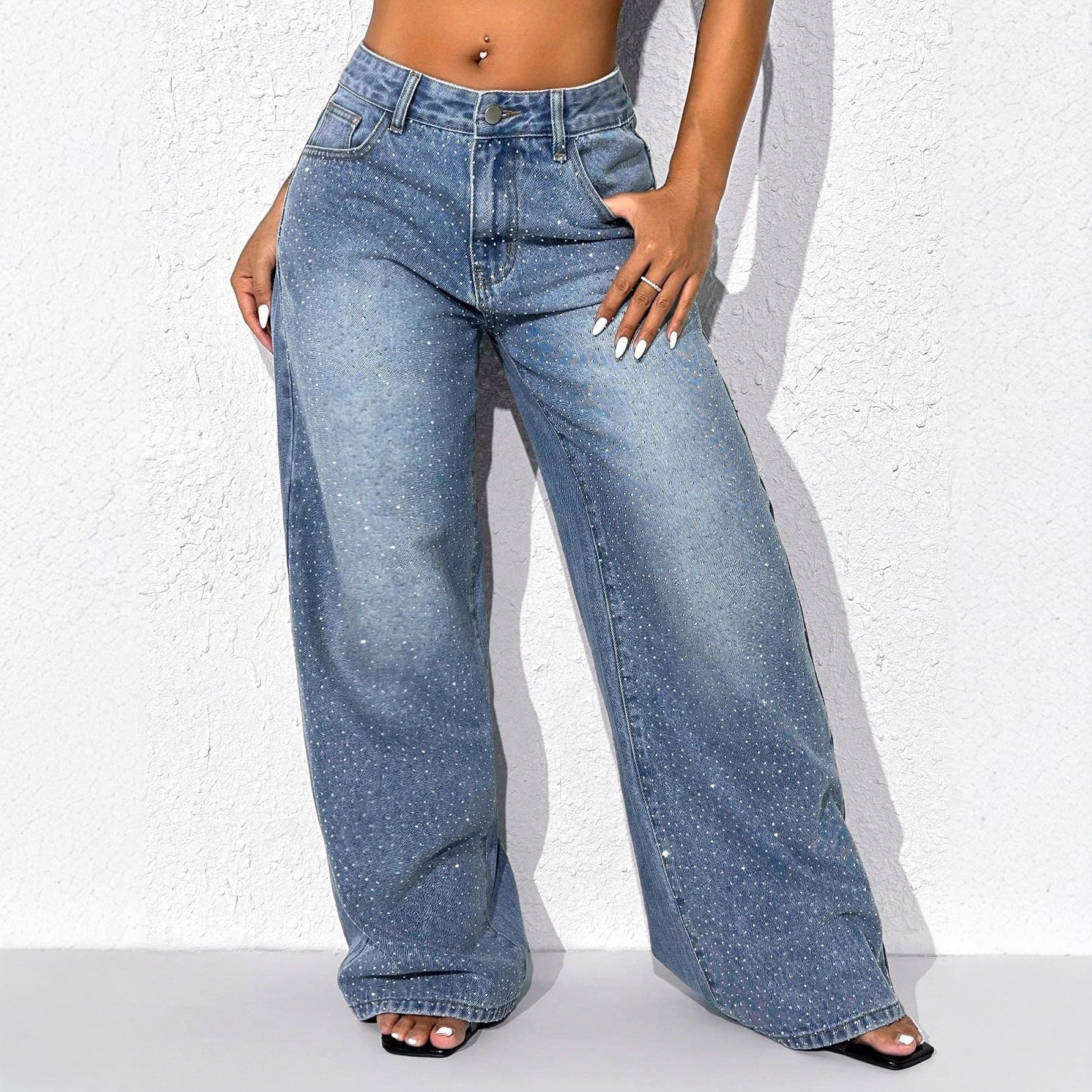 Cross-border Europe and America Rhinestone Low-Rise Sexy Jeans for Women Washed Loose Straight-Leg Pants Casual Versatile Long Pants for Export