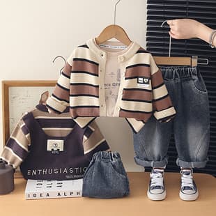 Boys Spring Autumn Children's Clothing Set 2026 Handsome New Trendy Striped Sweater Long Sleeve Three-Piece Baby Clothes Fashion