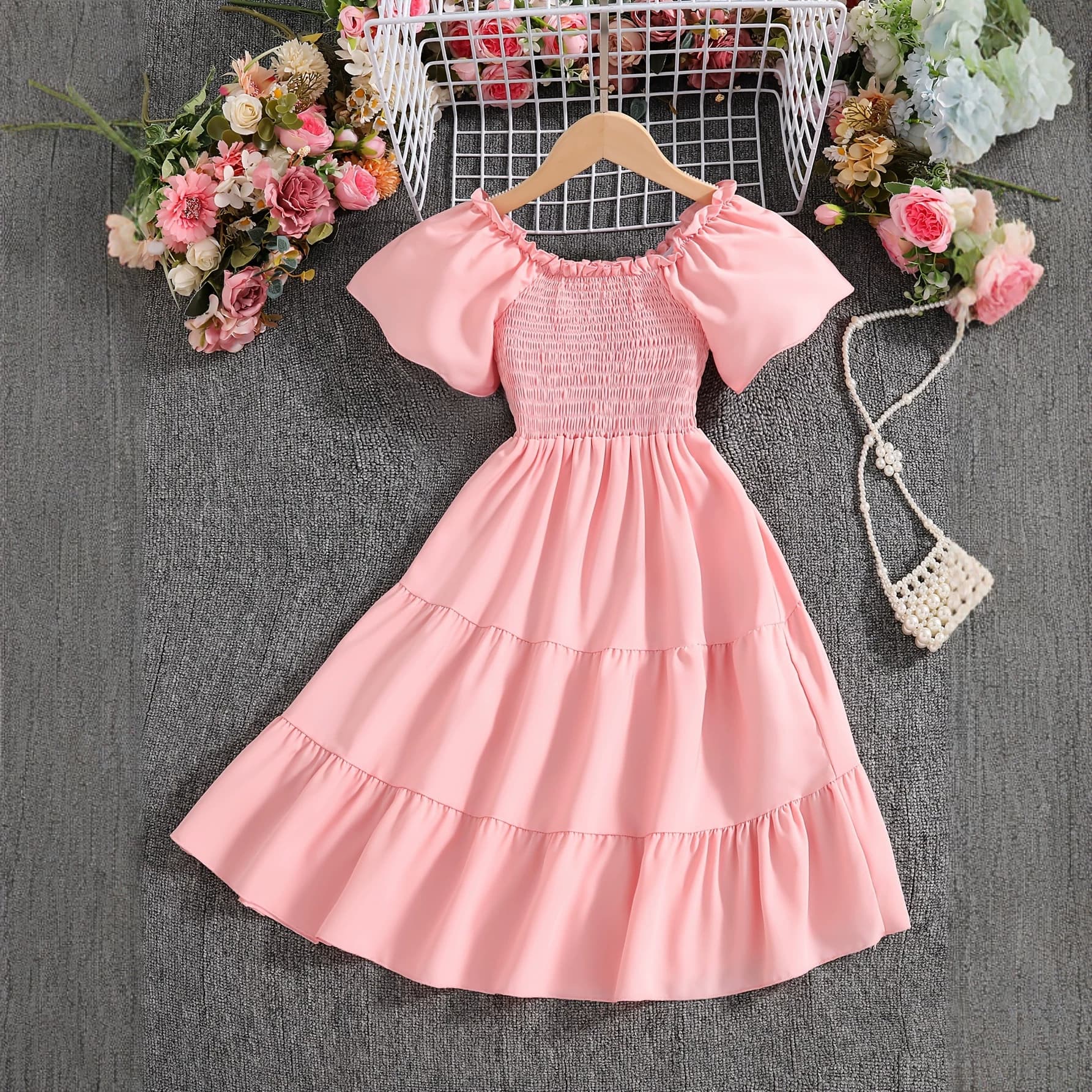 2026 European and American Women's Fashion Dress for Cross-Border E-commerce, Amazon Bestseller, Square Neck Backless Puff Sleeve Pleated Short Sleeve Dress
