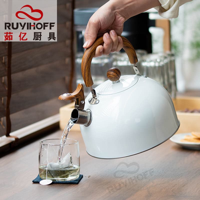 Amazon new white whistling kettle for tea and coffee, 3L European and American kitchenware with wood grain handle