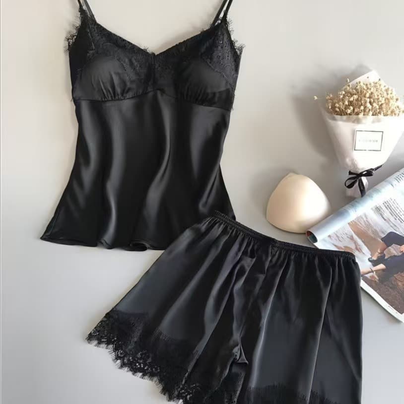 Without Padded Cups Camisole Sleepwear Women's Summer Sexy Ice Silk Two-Piece Set with Silk Shorts Push-Up Thin Loungewear