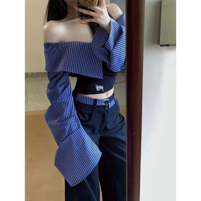 2025 New plus Size Women's Casual Pants Two-Piece Set Shoulder Splice Slimming Waist Cinched Korean Style Top Bottom Ensemble