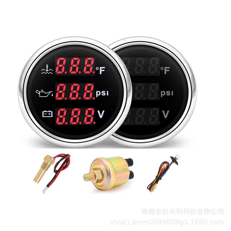 Automotive instruments with sensors, water temperature, oil pressure, and voltage gauges (40-120°F / 0-145PSI / 9-32V).
