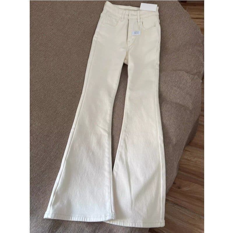 Floor-length stretchy spring and autumn petite white jeans retro horn new slim high-waisted slim-fitting micro pants