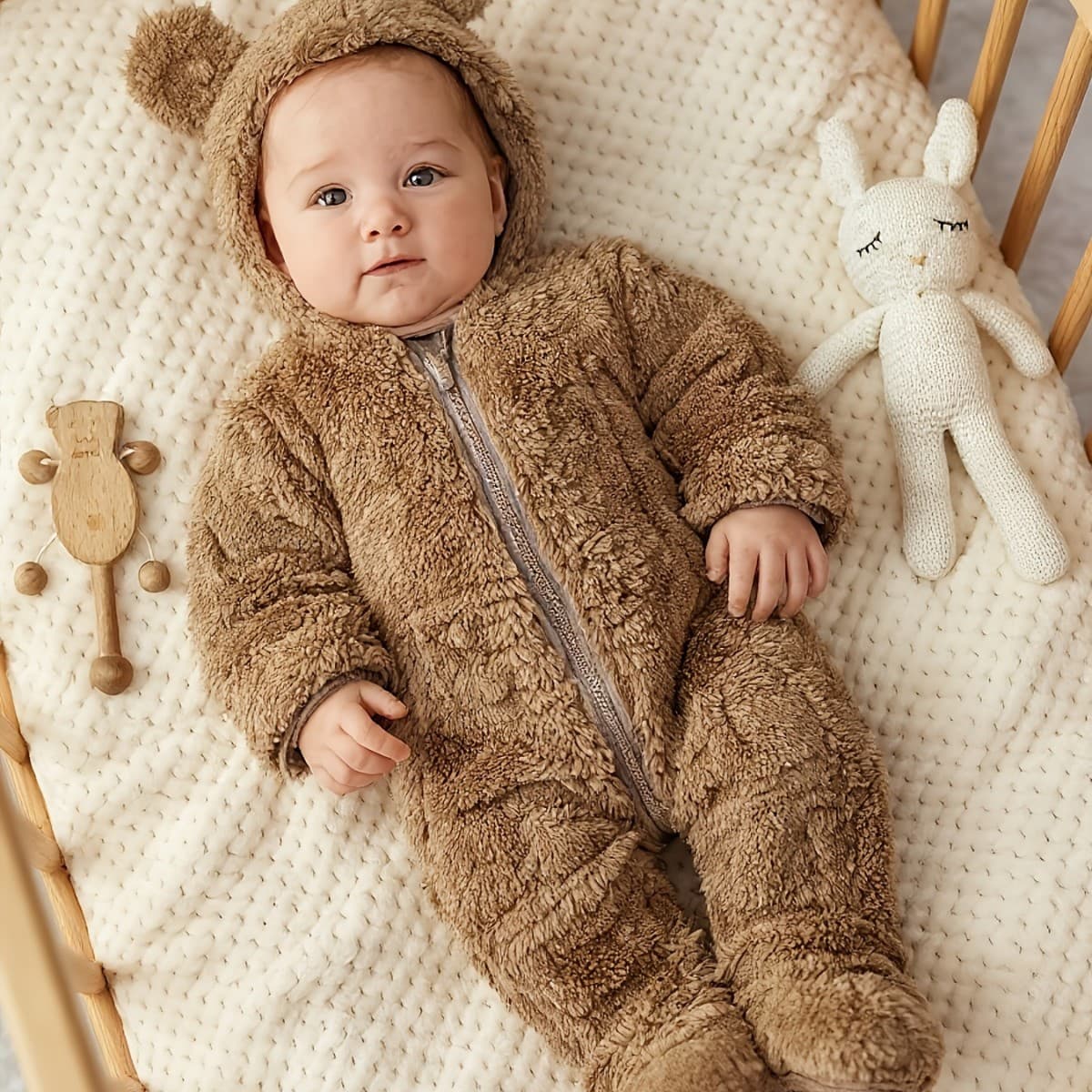 Newborn Baby Boy Cute Cartoon Print Fleece Hooded Footed Romper, Suitable for Autumn and Winter, Indoor Wear