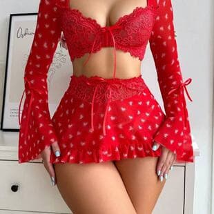Cross-border European and American wide-sleeve plus-size pajamas printed mesh lace see-through bra set factory wholesale women's lingerie