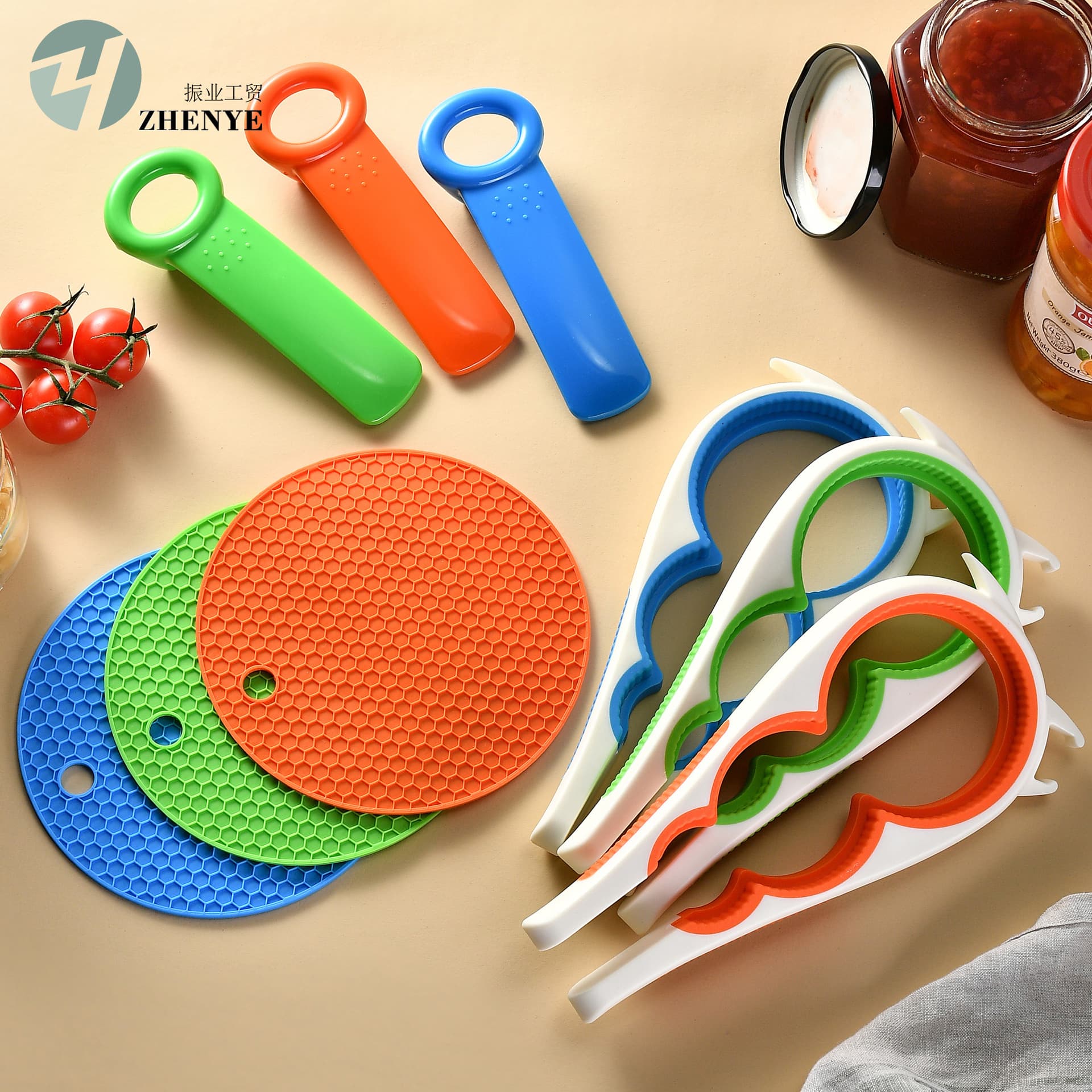 Multi-Function Can Opener 3-Piece Set: Jar Twist-Off Lid Opener, Beer Bottle Opener, Round Honeycomb Silicone Heat-Resistant Mat