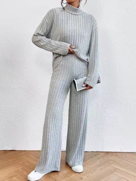 Cross-border Europe and America 2026 Fall/Winter Casual Fashion Solid Color High Neck Knit Long Sleeve Top and Pants Two-Piece Set for Women