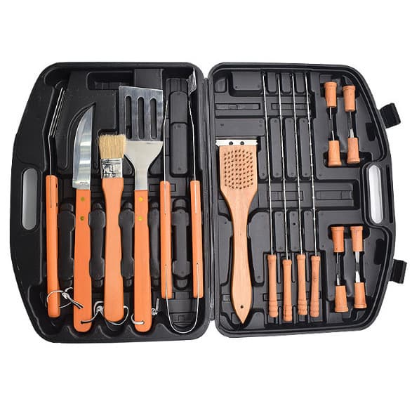 Amazon Hot-seller, Factory Stock BBQ Tool Set, BBQ Set Plastic Box Wooden Handle 18-Piece