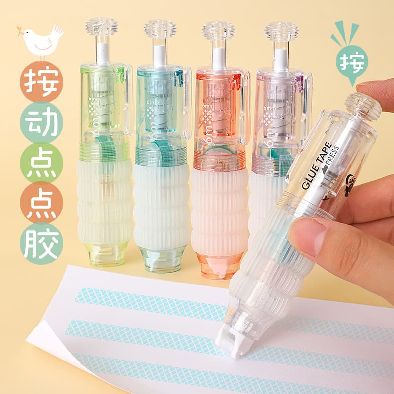 Press-to-use dot-type glue pen, large capacity double-sided tape, high viscosity washi tape, correction tape.