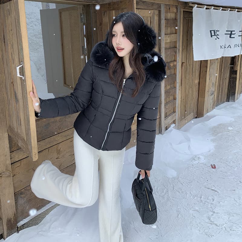 Korean-style Solid Color Big Fur Hooded Padded Coat for Women 2025 Autumn/Winter New High-waist Short Warm Jacket