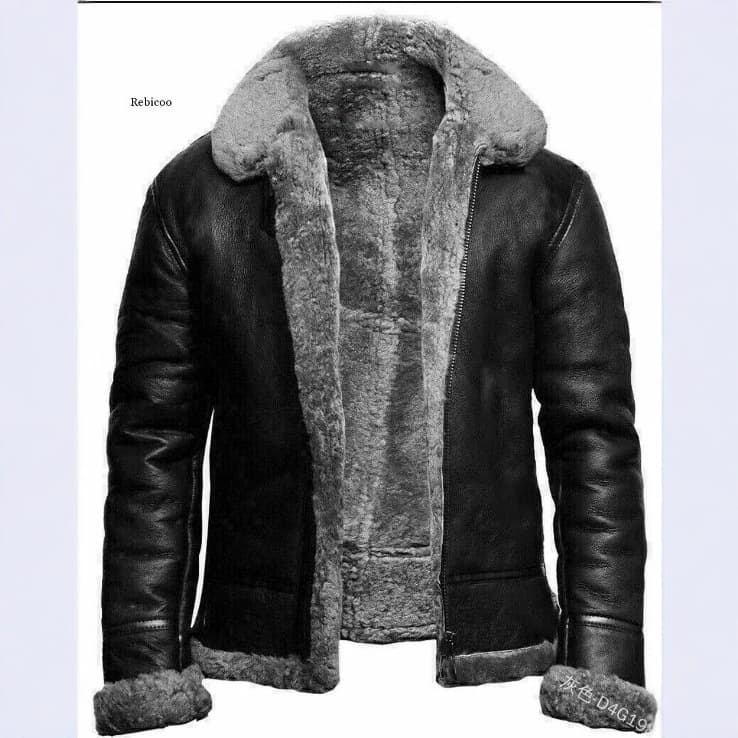 European and American Men's Coat with Large Notch Lapel, Fur-Lined Leather Jacket, Long Sleeve Fur Coat