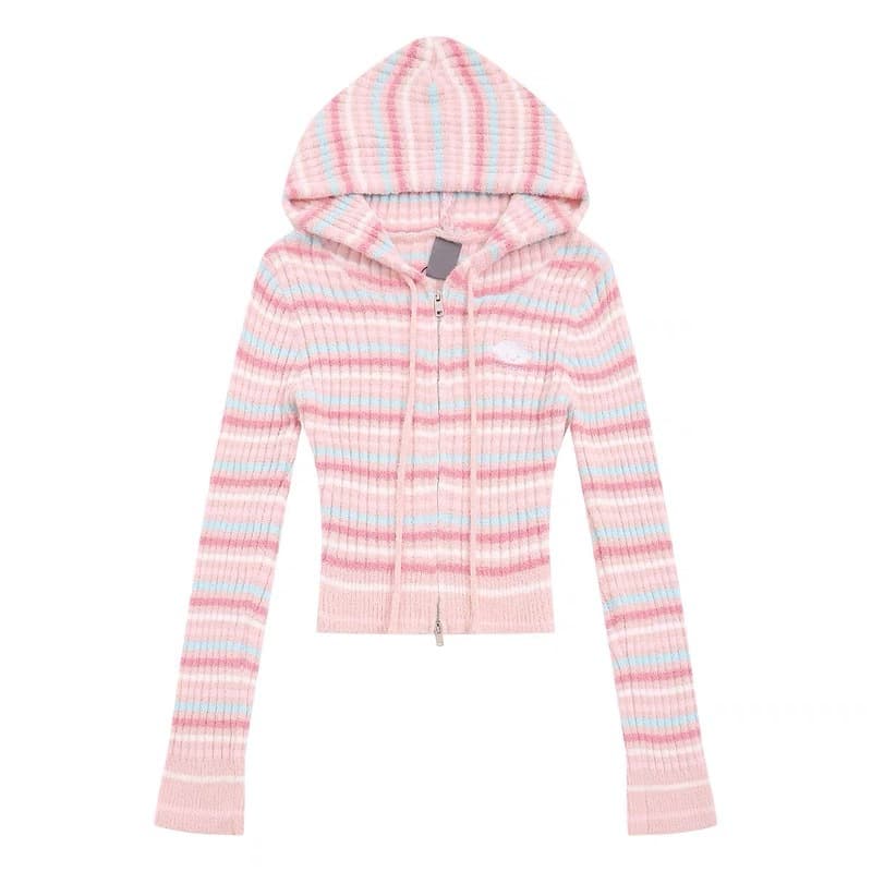Dalang Knit Sweater Autumn Korean Style Cartoon Embroidery Double Zipper Hoodie Slim Fit Short Length Long Sleeve Sweater for Women