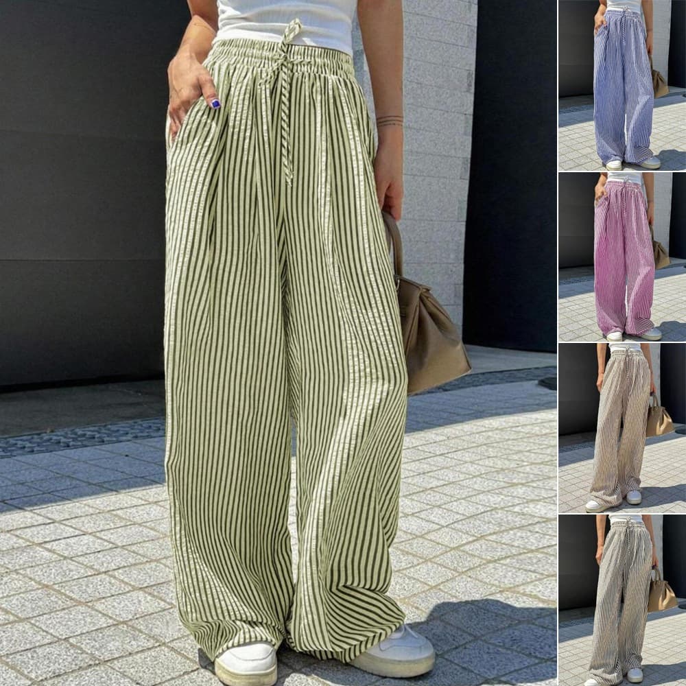 European and American cross-border striped casual pants women's straight pants Amazon foreign trade women's high-waisted loose trousers in stock