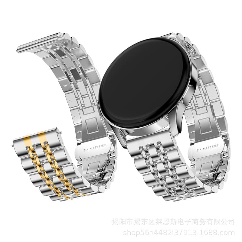 Compatible with Samsung Galaxy Watch4, Huawei GT3 Smart Watch Band Seven-Bead Stainless Steel Metal Strap