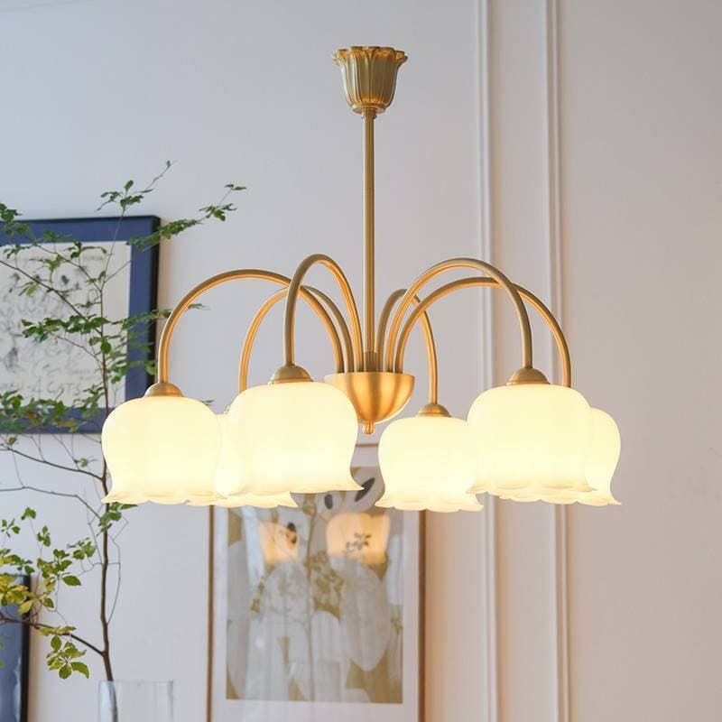 Modern Minimalist French Vintage Cream Bellflower All-Copper Pendant Light for Bedroom, Cloakroom, Living Room, Dining Room Multi-Head Pendant Light
