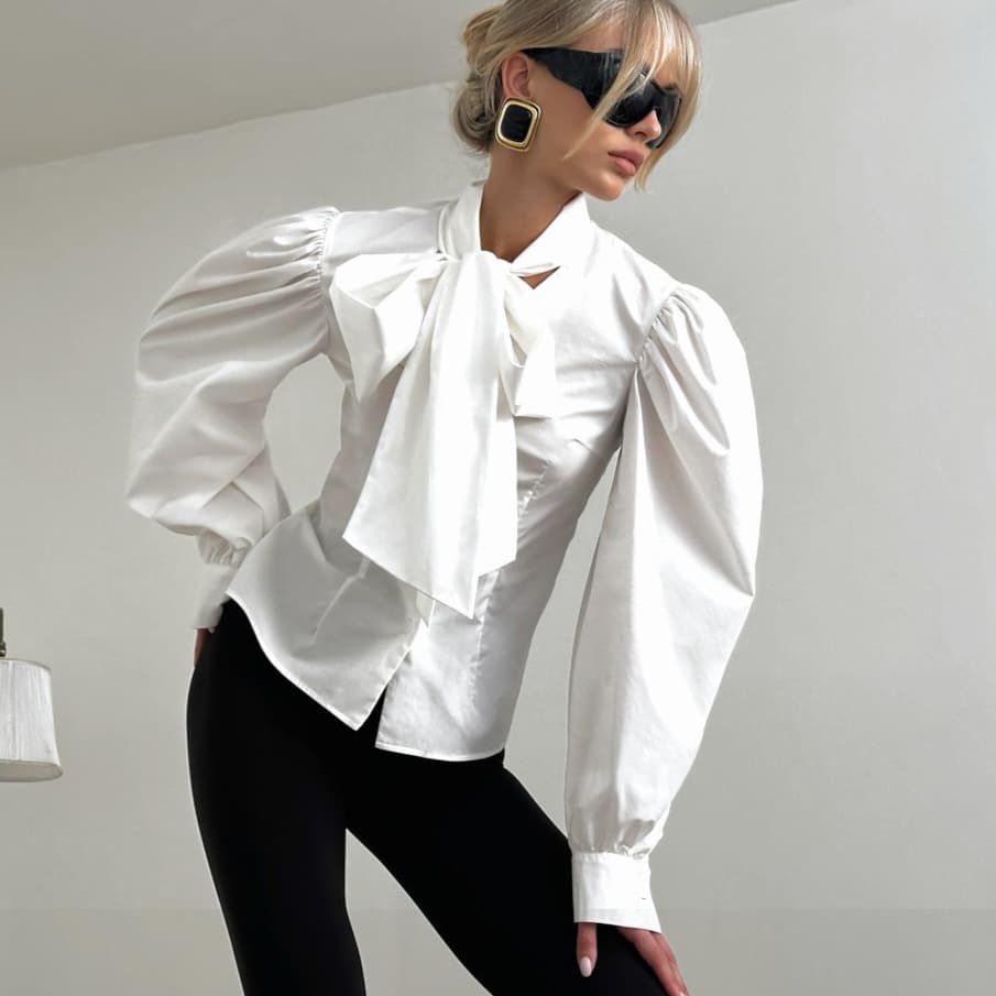 Palace style French waist tie bow pure cotton white puff sleeve shirt women's high-end long-sleeved top