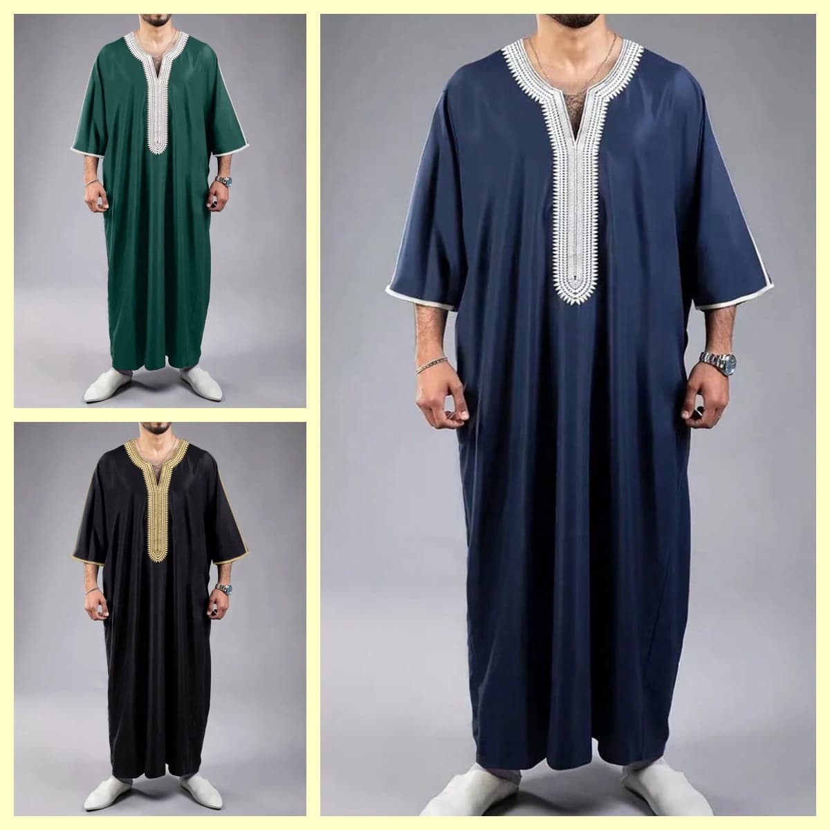 2024 New Arrival Arab Robe, Short Sleeve, Embroidered, Navy Blue, Men's Muslim Robe, AliExpress