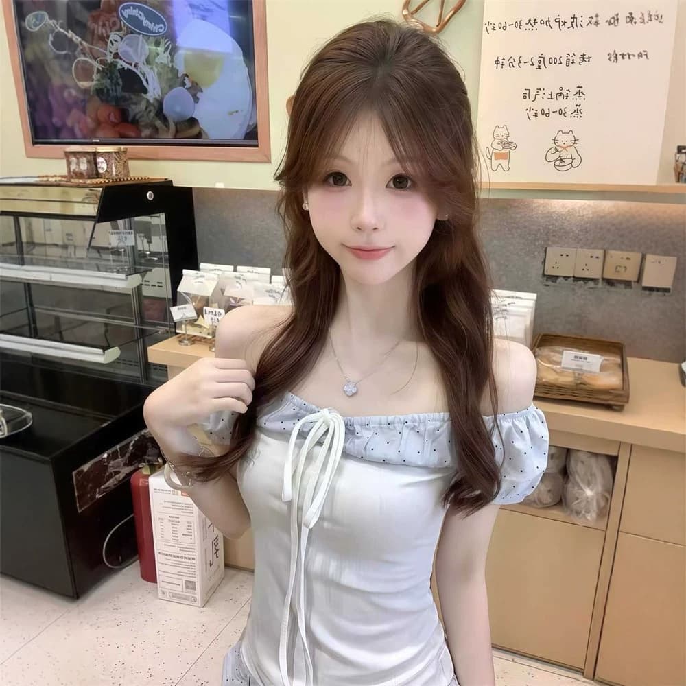 Sweet Girly Style Polka Dot Patchwork Bow Tie Short-Sleeve T-Shirt for Women, Summer Design, Pure Desire One-Shoulder Top
